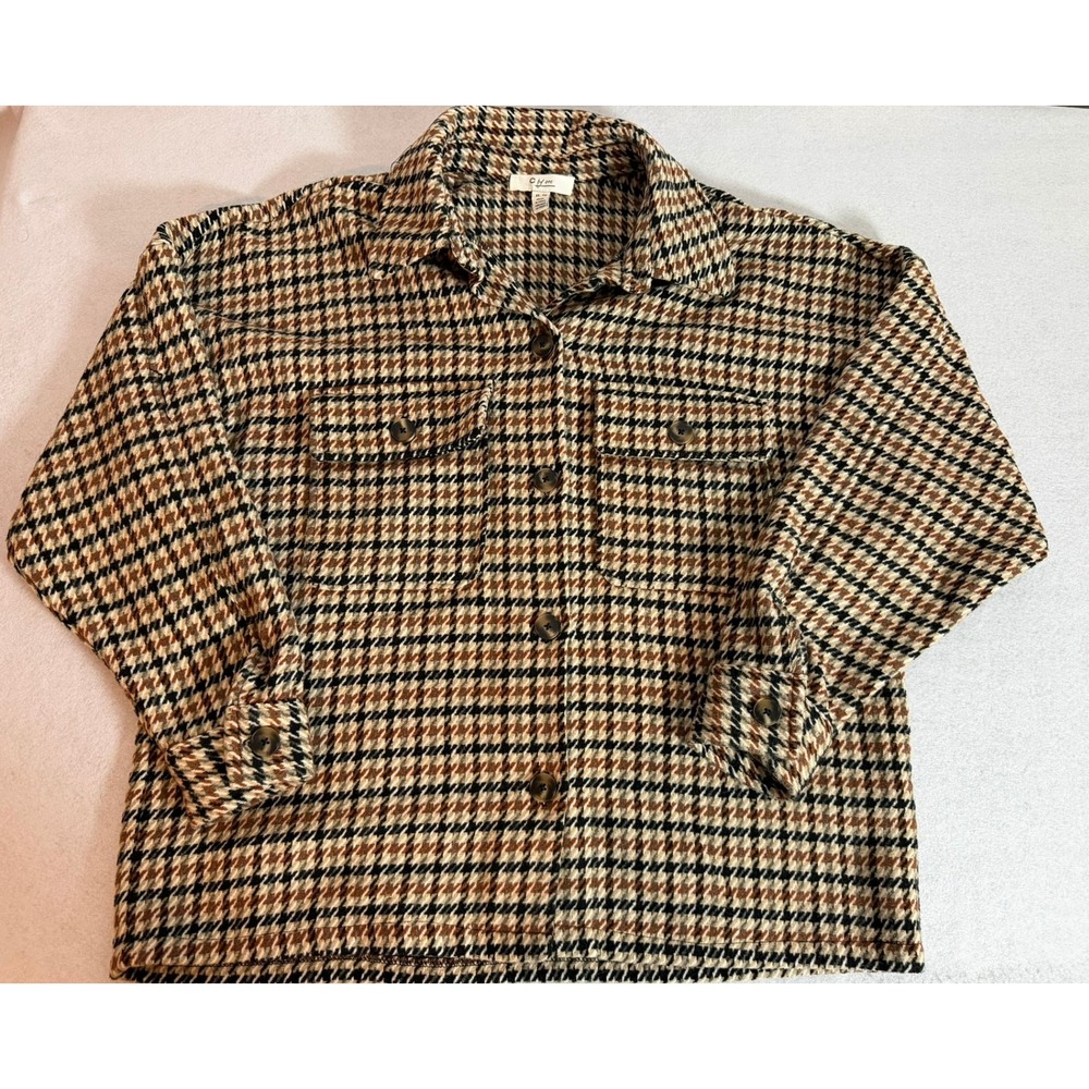 C by One Houndstooth Plaid Shacket Womens XL Brown Tan Synthetic Wool New